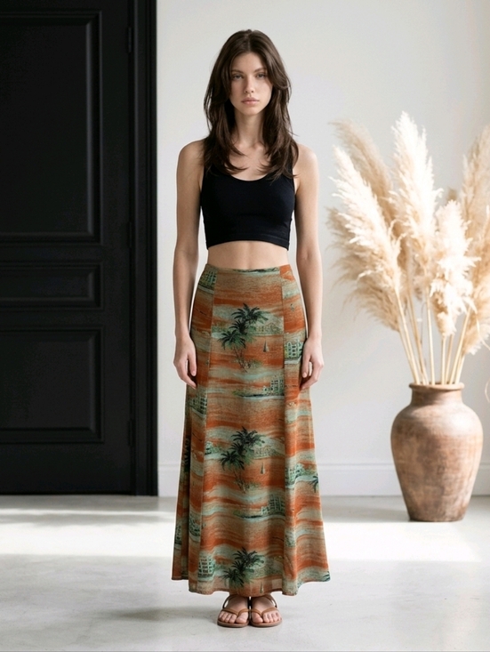 Citron Santa Monica Dresses & Skirts - Vintage 90s Y2K Citron Brown Maxi Skirt Green Hawaiian Print Beach Size Small